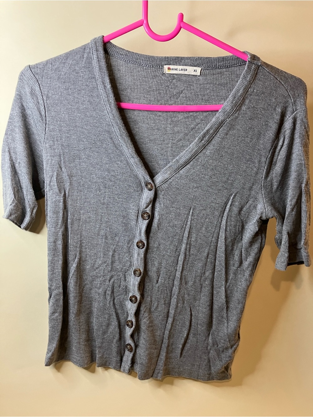 Marine Layer gray ribbed casual V-Neck short sleeve button front shirt women XS